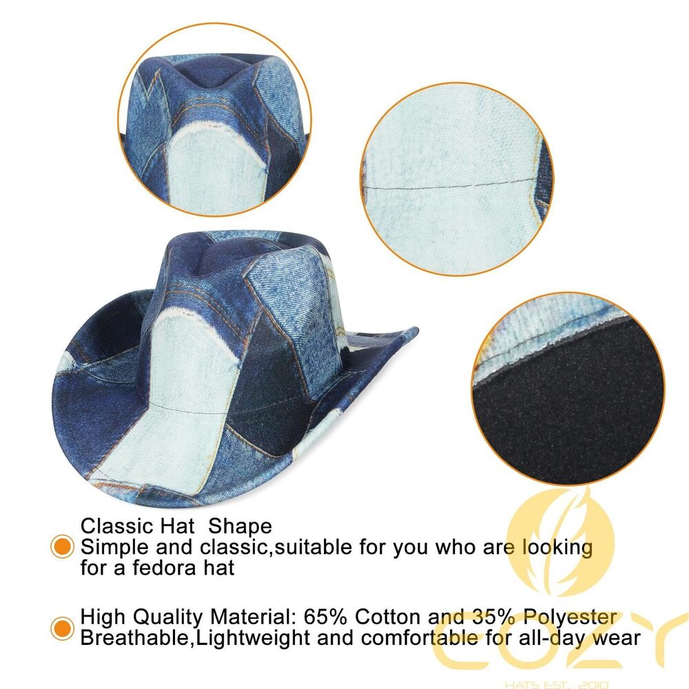 6547 Tie Dye Denim Patchwork Cowboy Hat For Women Men Western Wide Brim - Picture 5 of 7